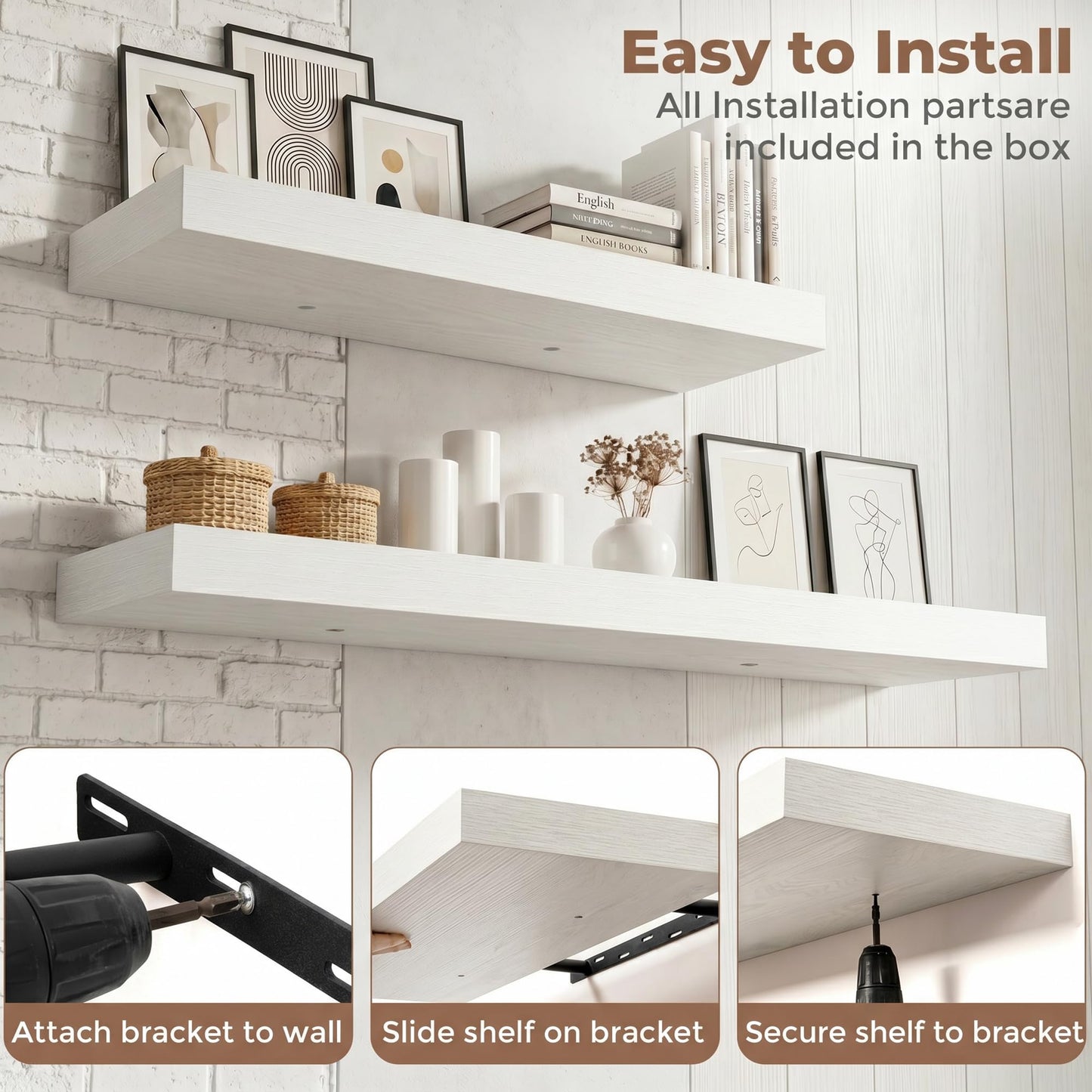FLYJOE Floating Shelves for Wall, 40 Inch Floating Shelves Set of 2, 8" D Wooden Wall Mounted Display Shelves with Invisible Brackets for Living Room, Bedroom, Bathroom, Kitchen Decor, White
