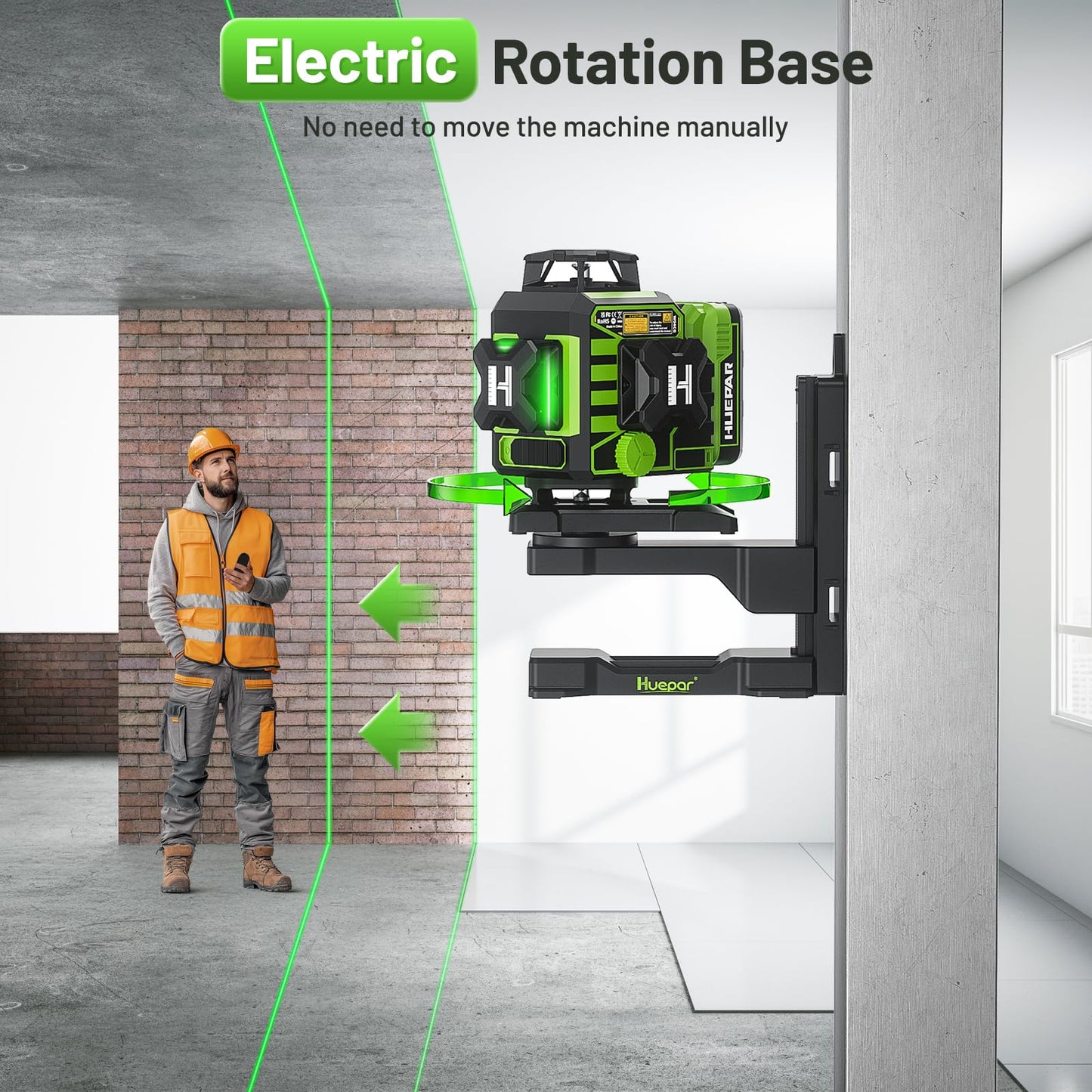 Huepar W04CG 4D Laser Level with Receiver for Outdoor or Longer Distance Use, Up to 400 ft, 4x360° Self Leveling Green Lazer Leveler Tool for Construction, Tiling, Framing, Drop Ceiling, Floor etc.