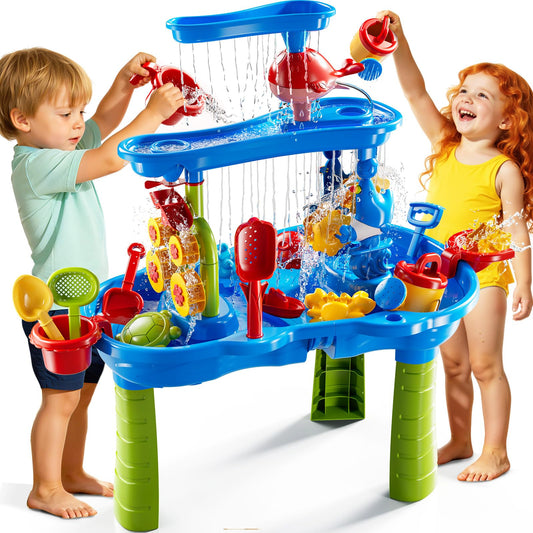 DULONIME 3-Tier Sand and Water Table Toys for Kids Aged 3 4 5 6 7 8, Water Waterfall Sensory Play Table with Beach Toys Accessories, Outdoor Activity Playset for Toddlers 2-4 3-5 4-6, Birthday Gifts
