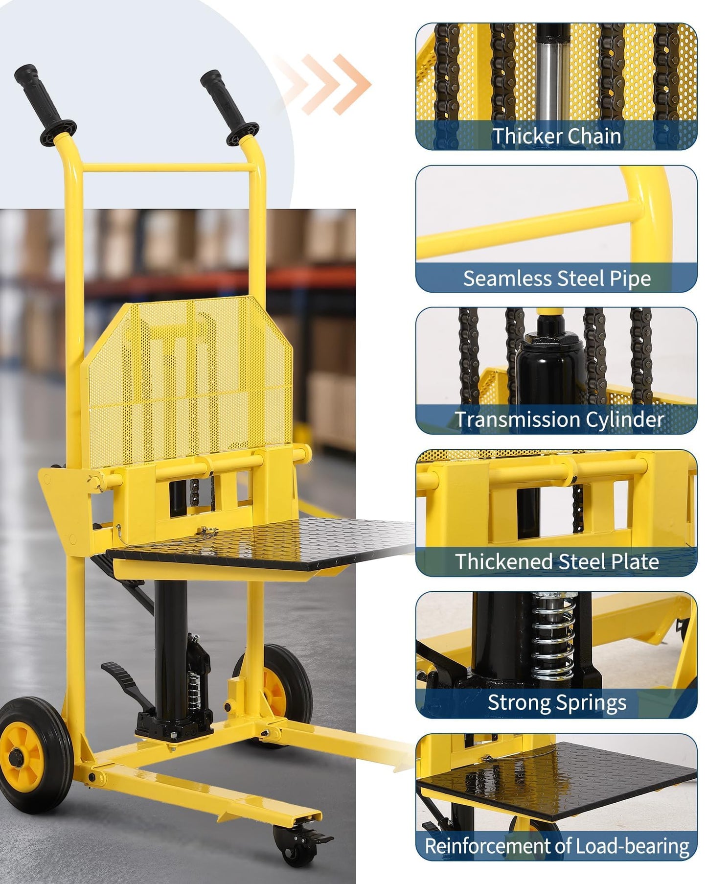 Hydraulic Material Lift and Pallet Stacker - 440 Lbs Capacity Manual Winch Stacker with 36 Inch Max Lift Height - Mobile Forklift Truck Dolly and Pallet Jack with Diamond Plate Steel Platform, Yellow