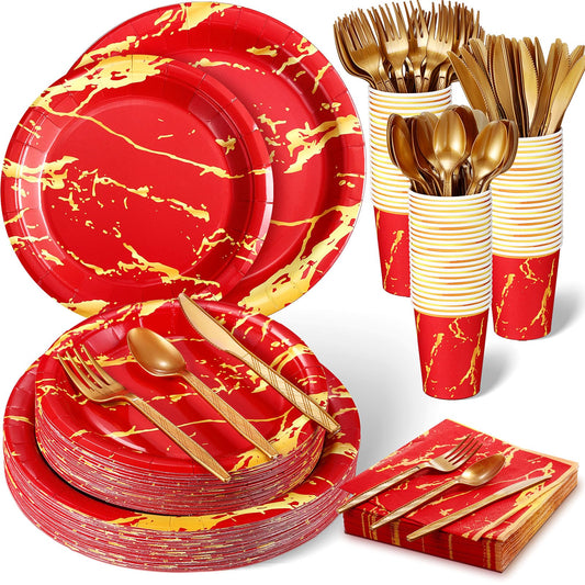 Bokon 350 Pcs Red Gold Party Supplies Disposable Dinnerware Set Include 100 Plates 50 9 oz Paper Cup 50 Sets Spoon Fork Knives 50 Napkin for 50 Guests Wedding Birthday Valentines Party Decoration