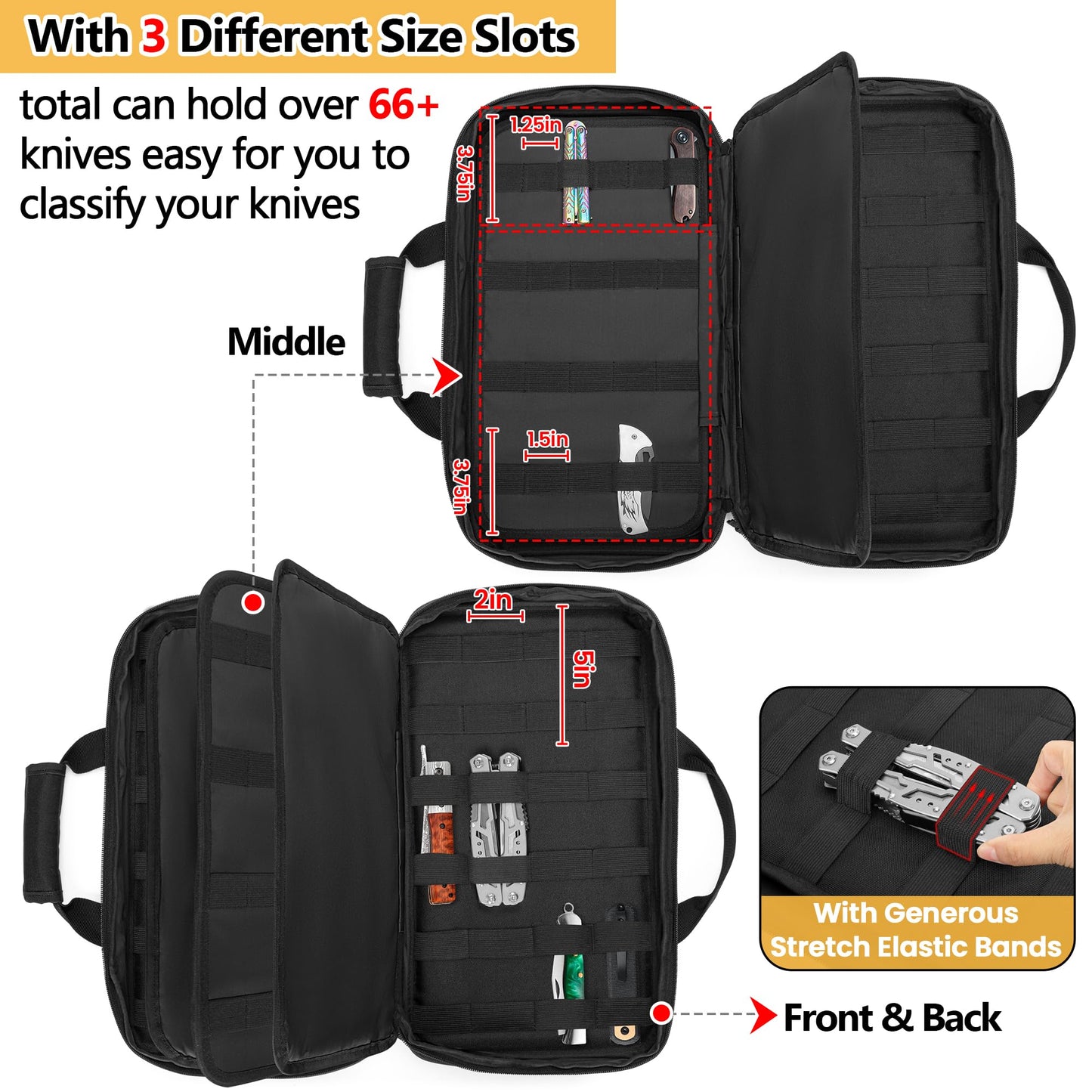 samdew Knife Display Bag for 74+ Pocket Knives, Butterfly Knife Storage Case with 3 Different Size Slots, Folding Knife Organizer Holder, Knife Collection Box with Hard PE Board, Soft Bag Only