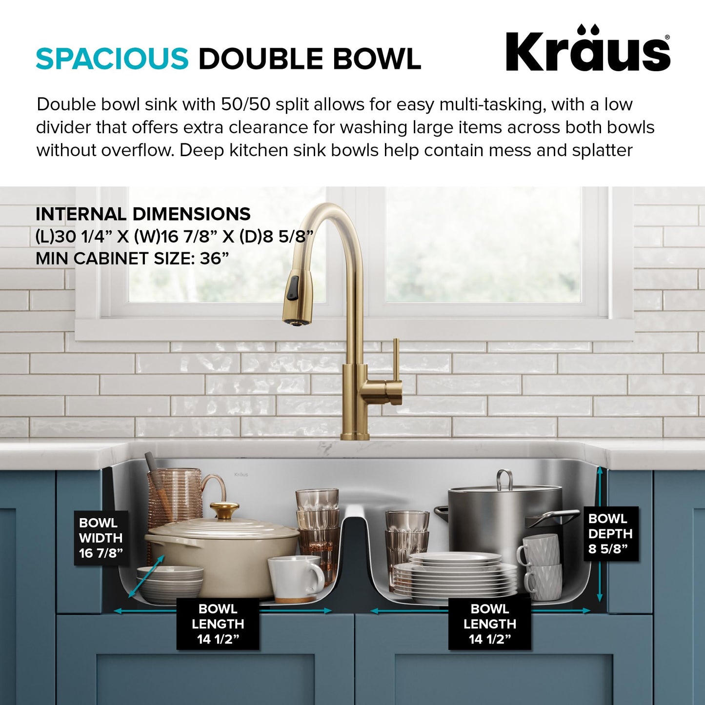 KRAUS Premier 32-inch Undermount 50/50 Double Bowl Low Divider 18-Gauge Stainless Steel Kitchen Sink with Strainers (x2), KBU32