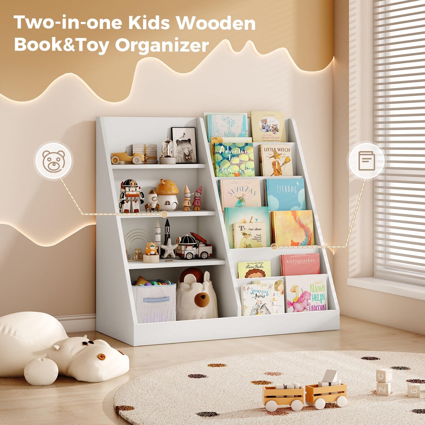 Tatub 6 Tier Kids Wooden Bookshelf and Toy Storage, Children Toy Organizer with Book Shelves, Toddler BookRack Baby Bookcase for Nursery, Playroom and Classroom, White