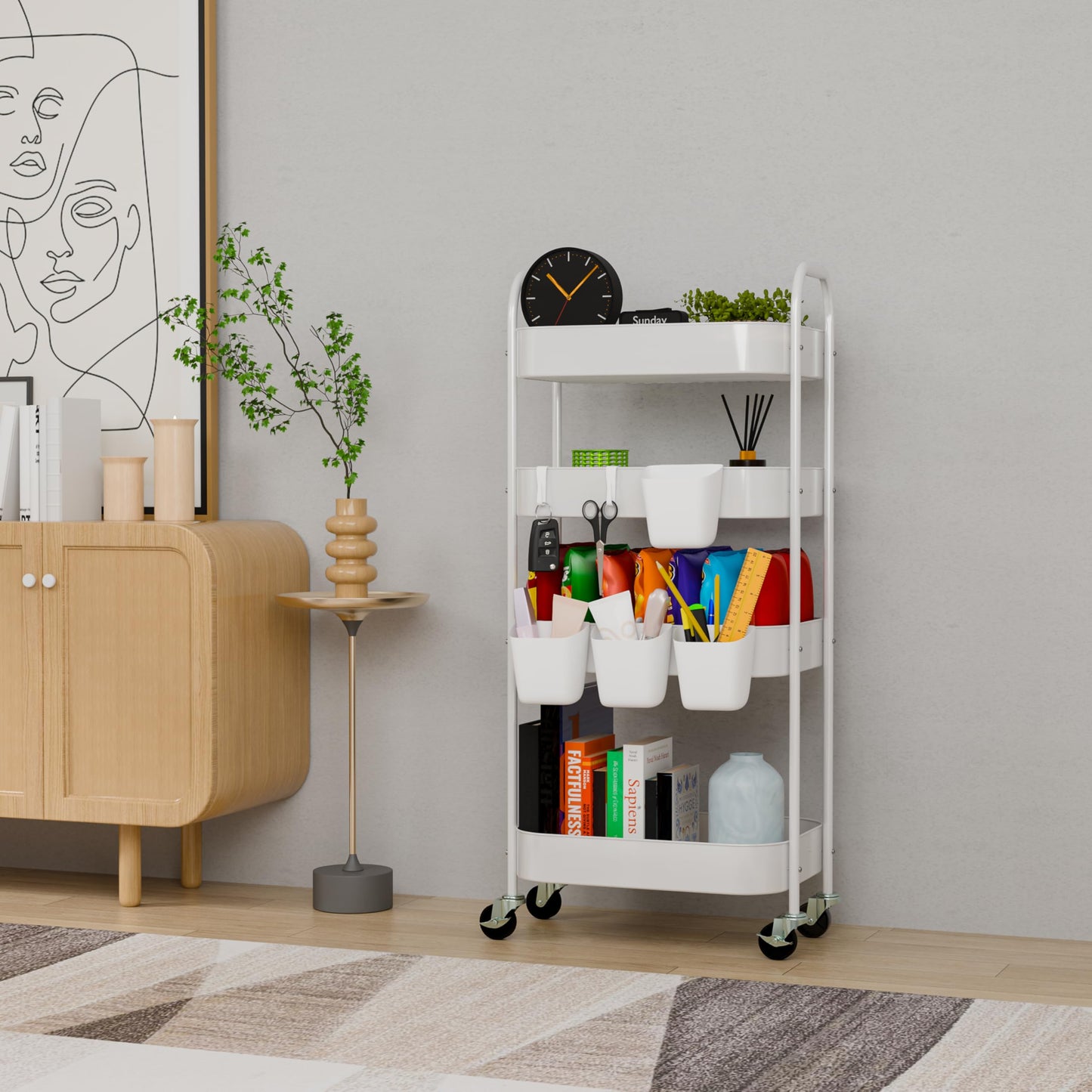 Ytmshisan 4-Tier Metal Rolling Cart with Wheels, Storage Utility Organizer Cart for Kitchen, Bathroom, Office, Baby Essentials & Makeup - Lockable Casters, Easy Assembly, Large Capacity, White