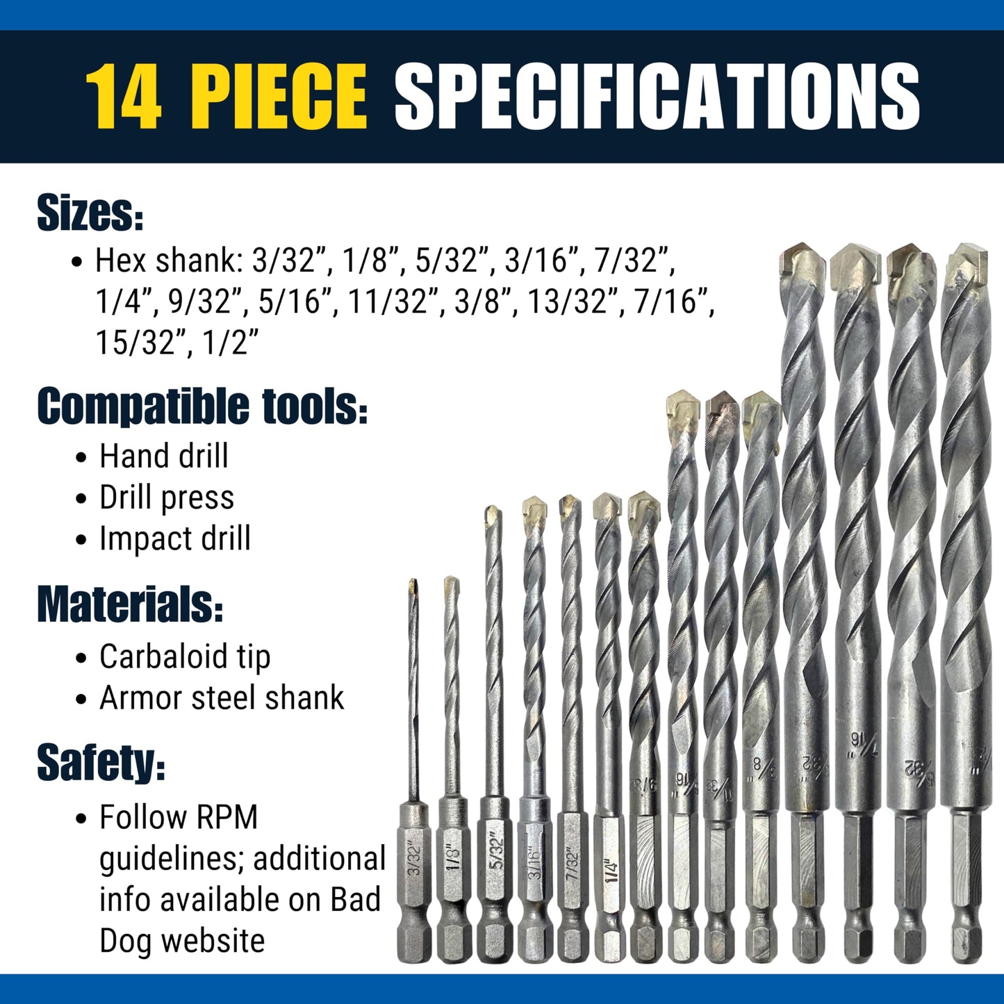 Bad Dog 14-Piece Multipurpose Drill Bit Set - Carbide Titanium Cobalt Tip, Hex Shank, USA Made - Drills Metal Wood Masonry Tile Stone Concrete - High Speed Bits with Metal Case