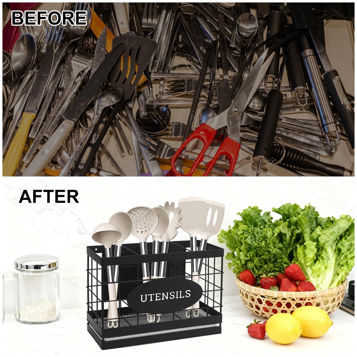Vivise Magnetic Utensil Holder for Fridge Large Silverware Organizer Kitchen Utensil Organizer with Draining Kitchen Counter Sturdy Black Metal Cooking Caddy Storage for Silicone Spatula Fork Spoon
