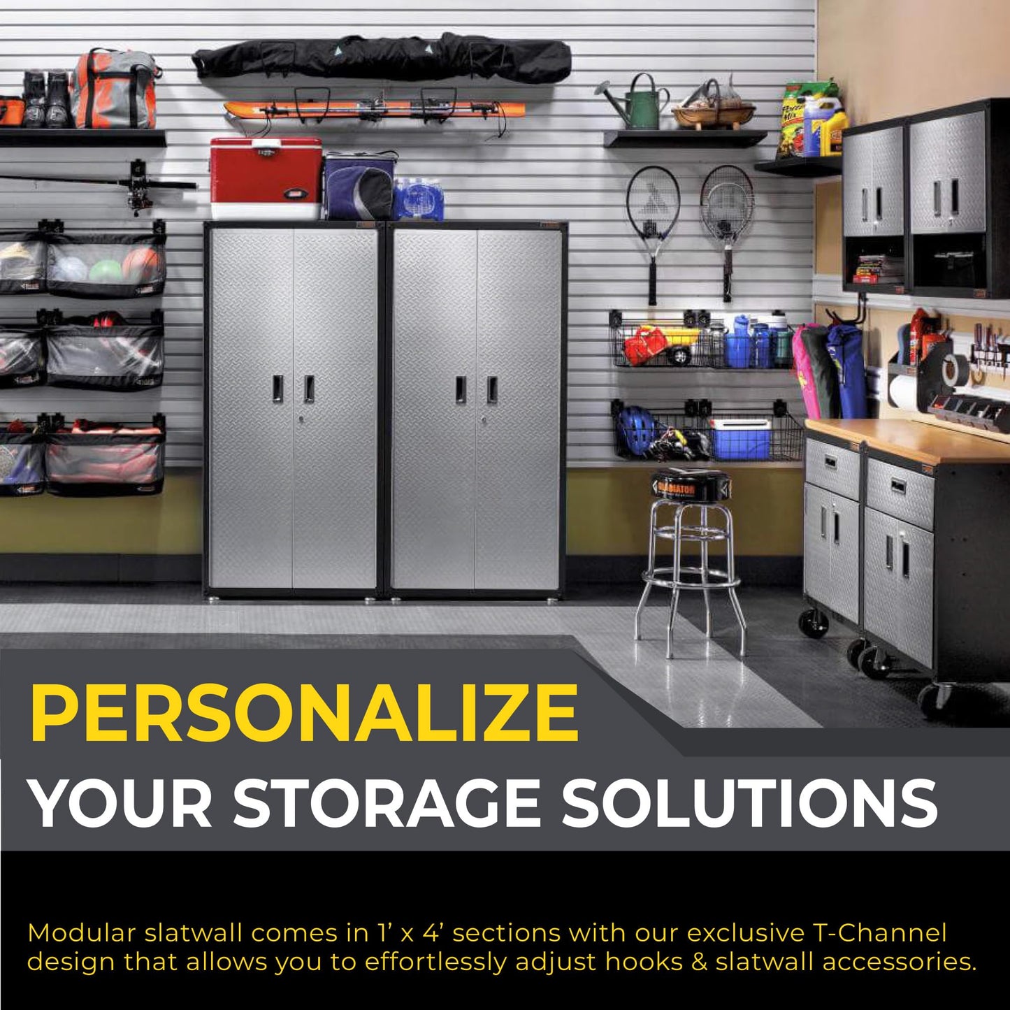 Heavy Duty 4'H X 8'W PVC Garage SlatWall Storage System (with Endcaps & Screws) - Modular Slat Wall Paneling for Garage Wall Organizer - Interlocking SlatWall Panels for Home & Commercial Use (Grey)