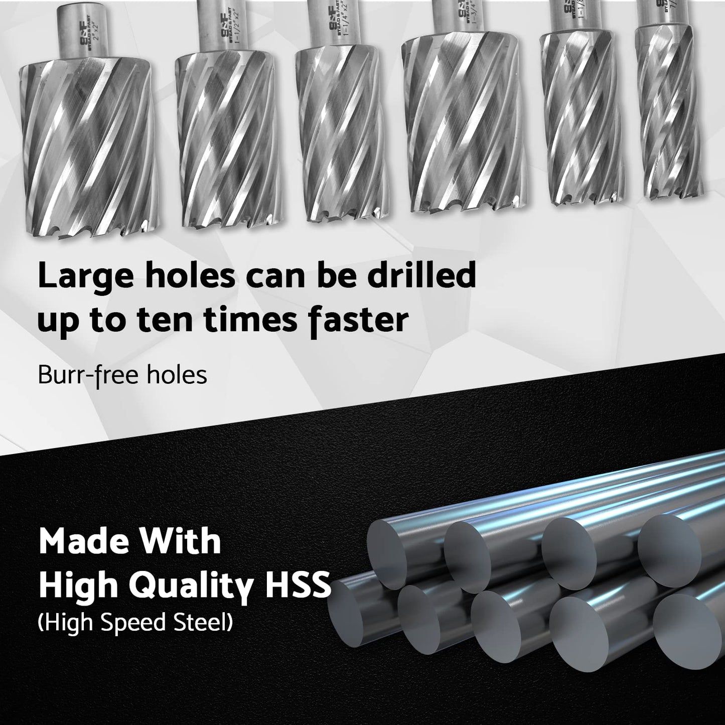 S&F STEAD & FAST Annular Cutter Set 6 Pcs, 2” Cutting Depth, 7/8”, 1-1/8”, 1-1/4”, 1-1/2”, 1-3/4”, 2” Cutting Diameter, 3/4” Weldon Shank, HSS M2AL Mag Drill Bits Kit for Magnetic Drill Press