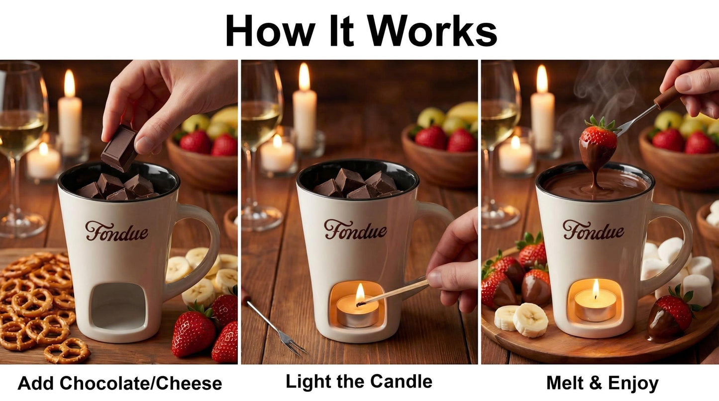 White Chocolate Fondue Mug with Tealight & Fork – Ceramic Single-Serve Fondue Cup for Chocolate & Cheese Dipping