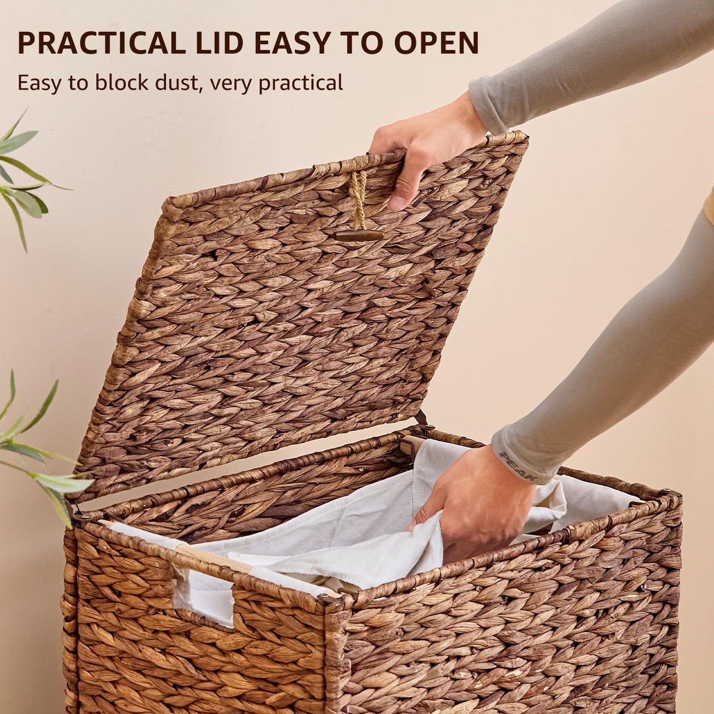 LGENHOOM Natural Hyacinth Laundry Hamper with Lid, Handwoven Heightened Feet Laundry Basket, Wicker Clothes Hamper with Removable Liner Bag for Clothes and Towels (Espresso, 90L)