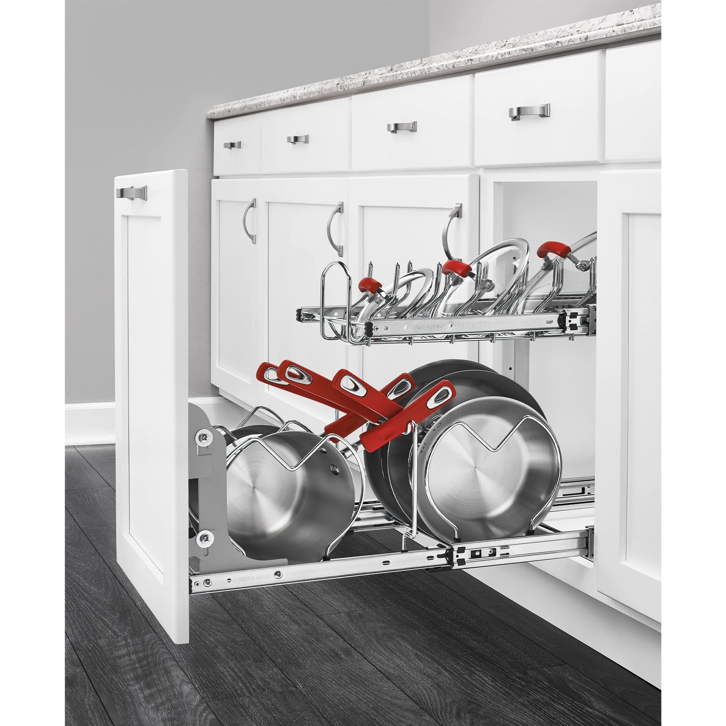 Rev-A-Shelf 2-Tier Kitchen Cabinet Pullout 20.75" Cabinet Organizer for Pots, Pans, and Lid Cookware, Adjustable Heavy Duty Wire, Chrome, 5CW2-2122-CR
