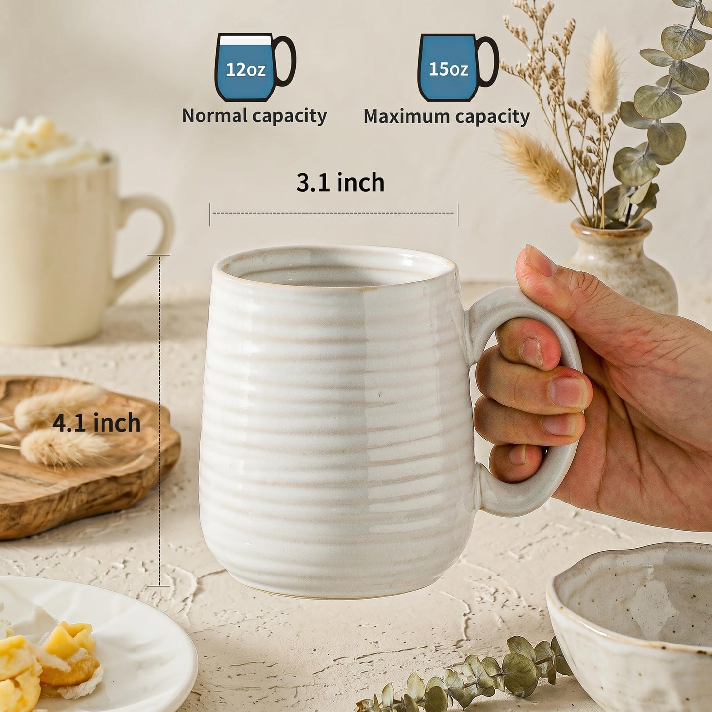 JINGUS Coffee Mugs, 15 Ounce Coffee Cups Set of 6, Ceramic Tea Cups for Latte Milk Cappuccino Cocoa Mocha, Creamy White Mugs with Handle for Mom and Dad as Gifts, Dishwasher & Microwave Safe