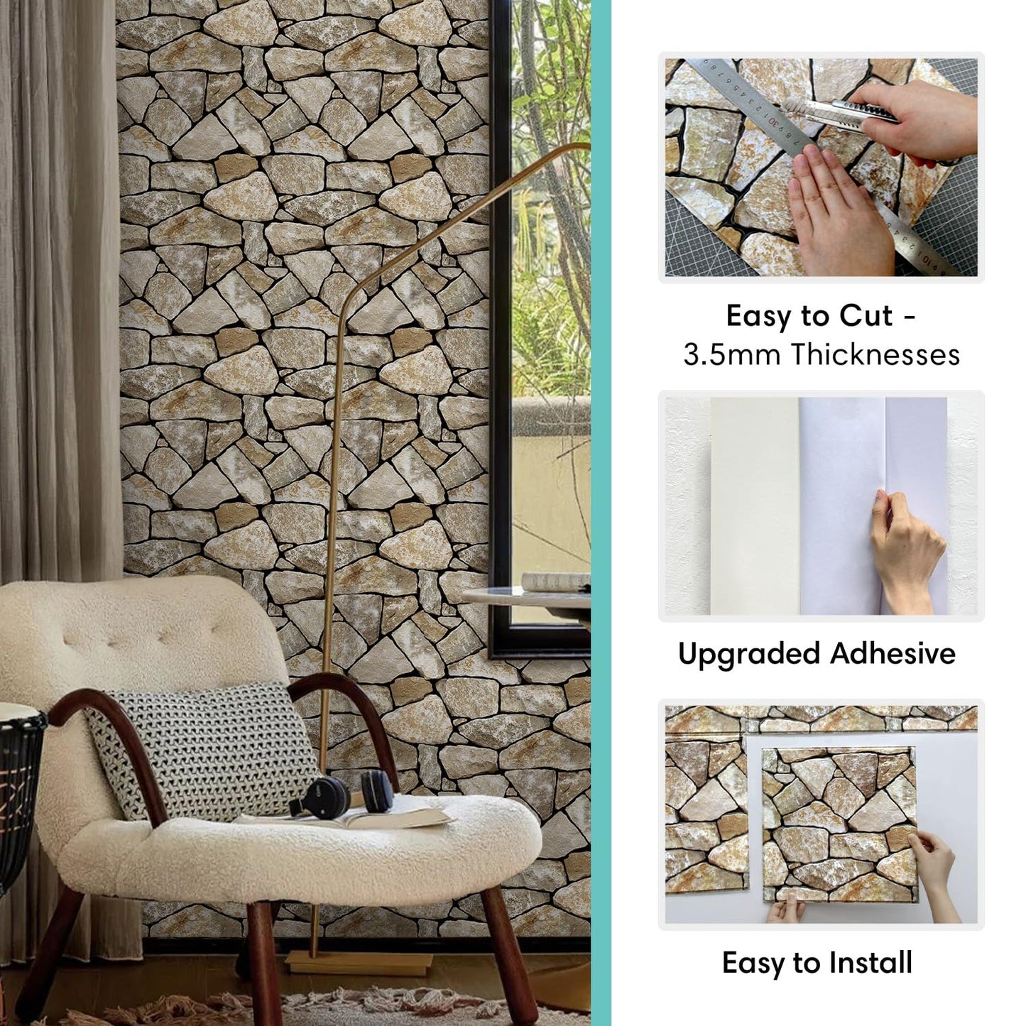 Commomy 3D Faux Stone Peel and Stick Wall Tiles - Fake Stone Wall Sticker 10 Pcs of 11.8" x 11.8" Thin Ultralight PVC Rock Wall Tile Interior Wall Covering Kitchen Backsplash,Interior Wall Decor