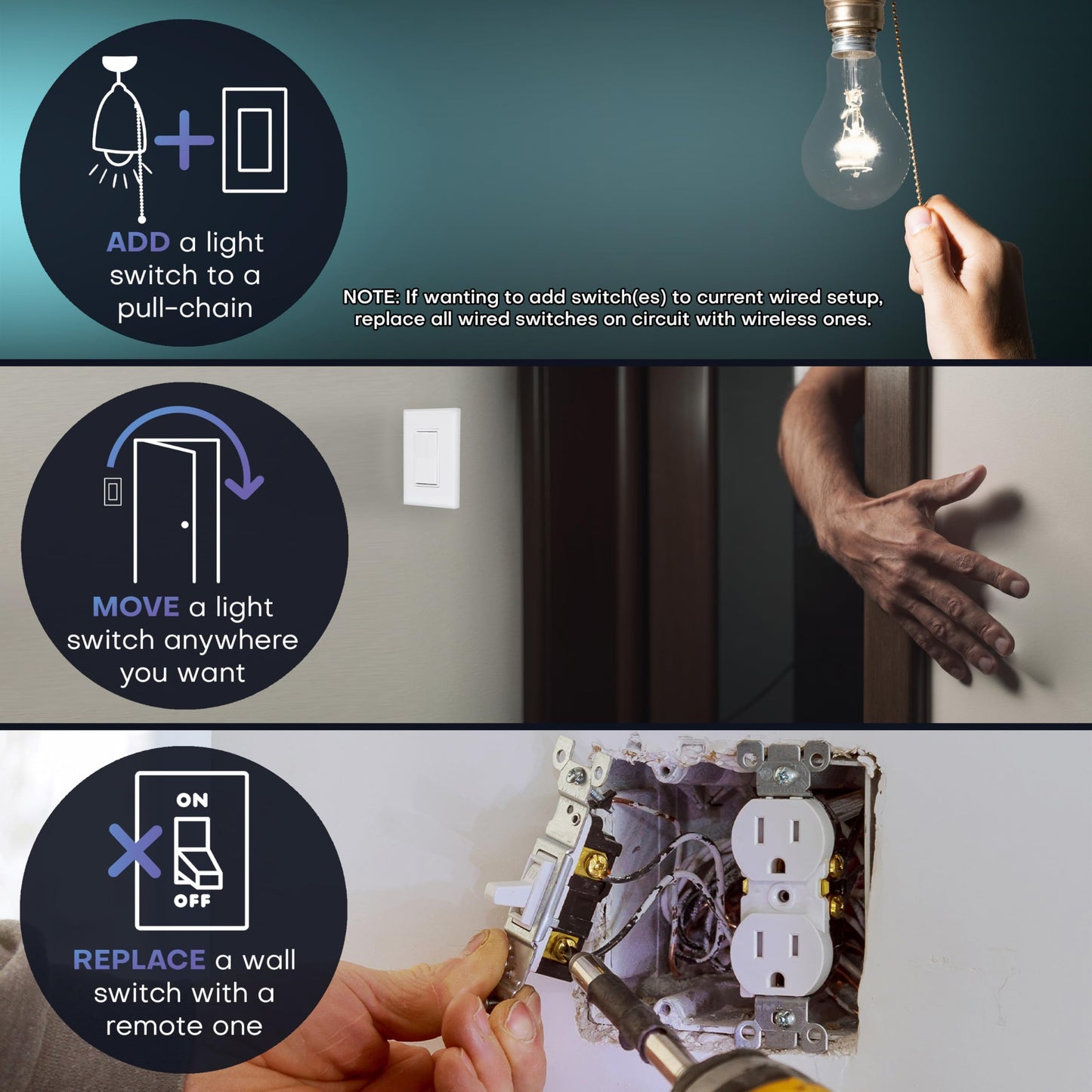 RunLessWire Single Pole Battery-Free DIY Wireless Light Switch Kit 150ft RF Range Self-Powered by Kinetic Energy for Fixtures & Outlets : 1 Remote Switch Controls 1 5A On/Off Receiver Black