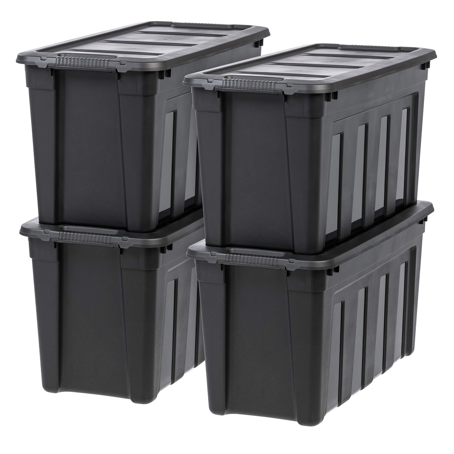 IRIS USA 31 Gallon Heavy Duty Storage Totes with Easy-Grip Handles, 4 Pack - Large Bins with Lids Garage Organizing Tubs, Durable Stackable Utility Containers, Made in USA - Black
