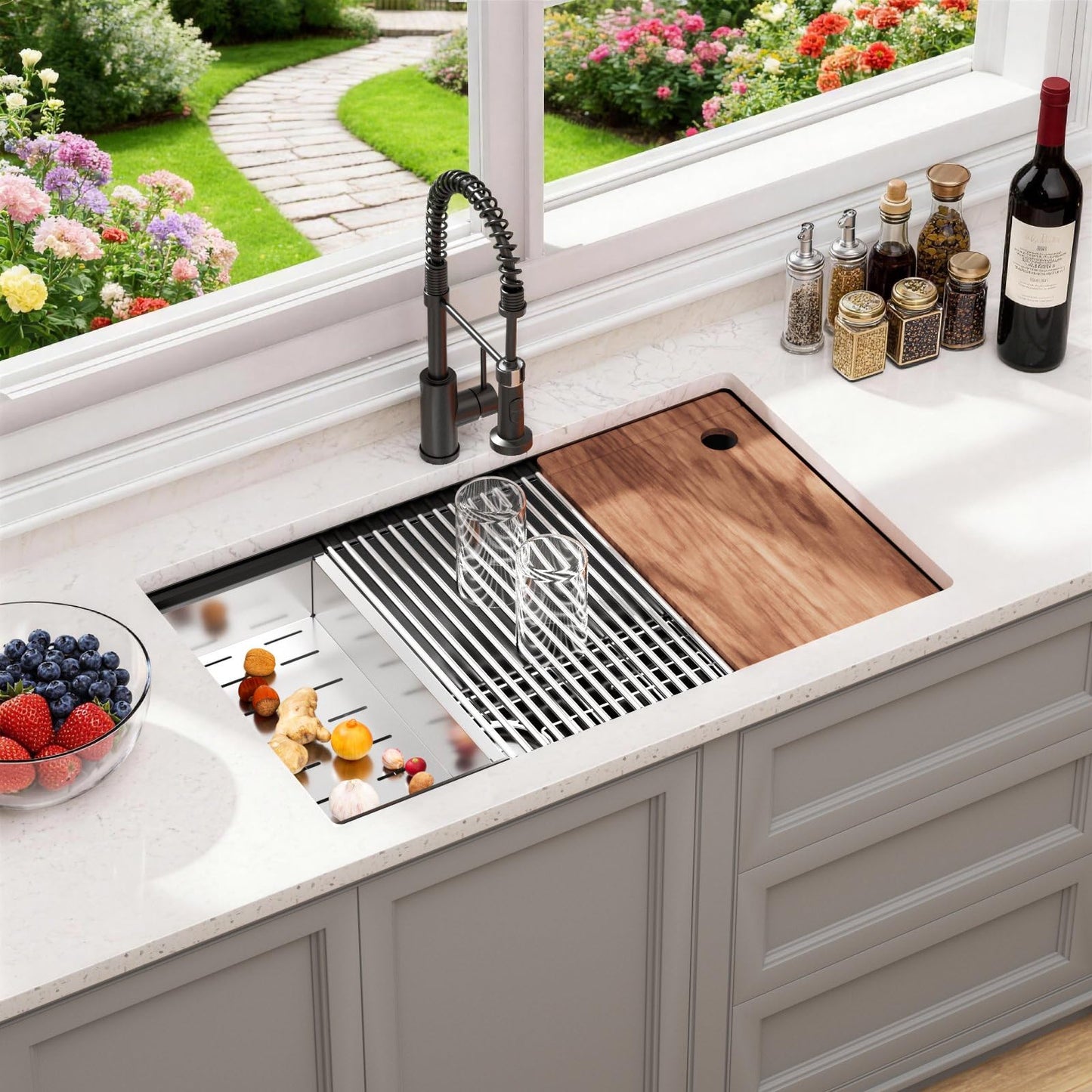 30" Black Stainless Steel Workstation Kitchen Sink, Large Single Bowl Drop-In Undermount Farmhouse Sink (Black, 3018)