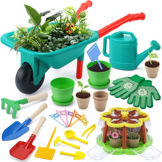 CUTE STONE Kids Gardening Set, Plant Growing Kit with Wheelbarrow, 3 Metal Garden Tools & Kids Grow House with Upgraded Irrigation, Outdoor Indoor STEM Toys for Toddlers 3+