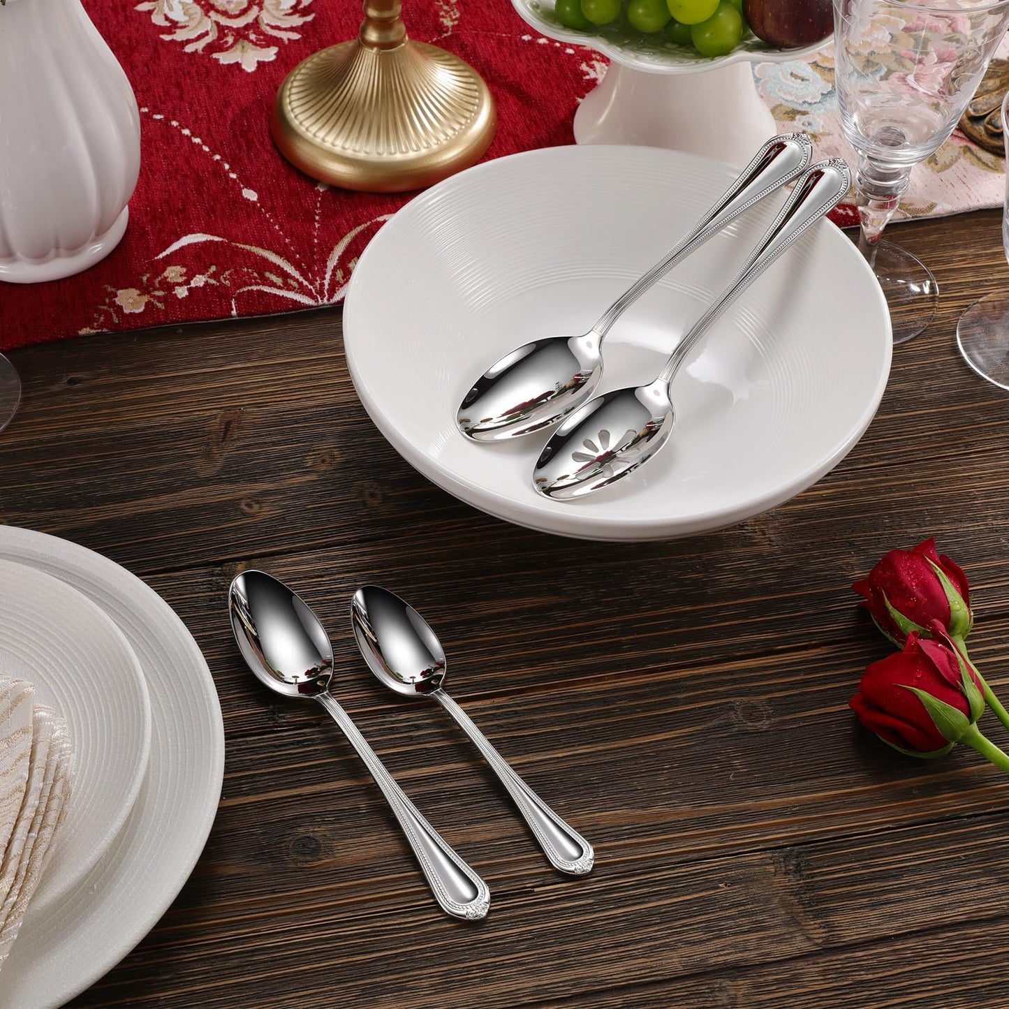 KEAWELL Pearl Edge 4-Piece Premium Spoon Set, 18/10 Stainless Steel, Fine Silverware Spoons with Refined Bead Design, Brightly Polished, Dishwasher Safe (Silver, 9" Serving Spoons)
