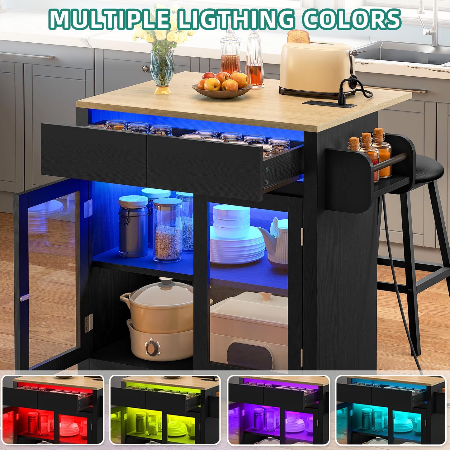 YITAHOME Rolling Kitchen island with Seating and LED Lights, Mobile Storage Islands with Drop Leaf, Dining Table with Power Outlet, 2 Drawers and Soft Stools, Spice/Towel Rack, Lacquered Finish, Black