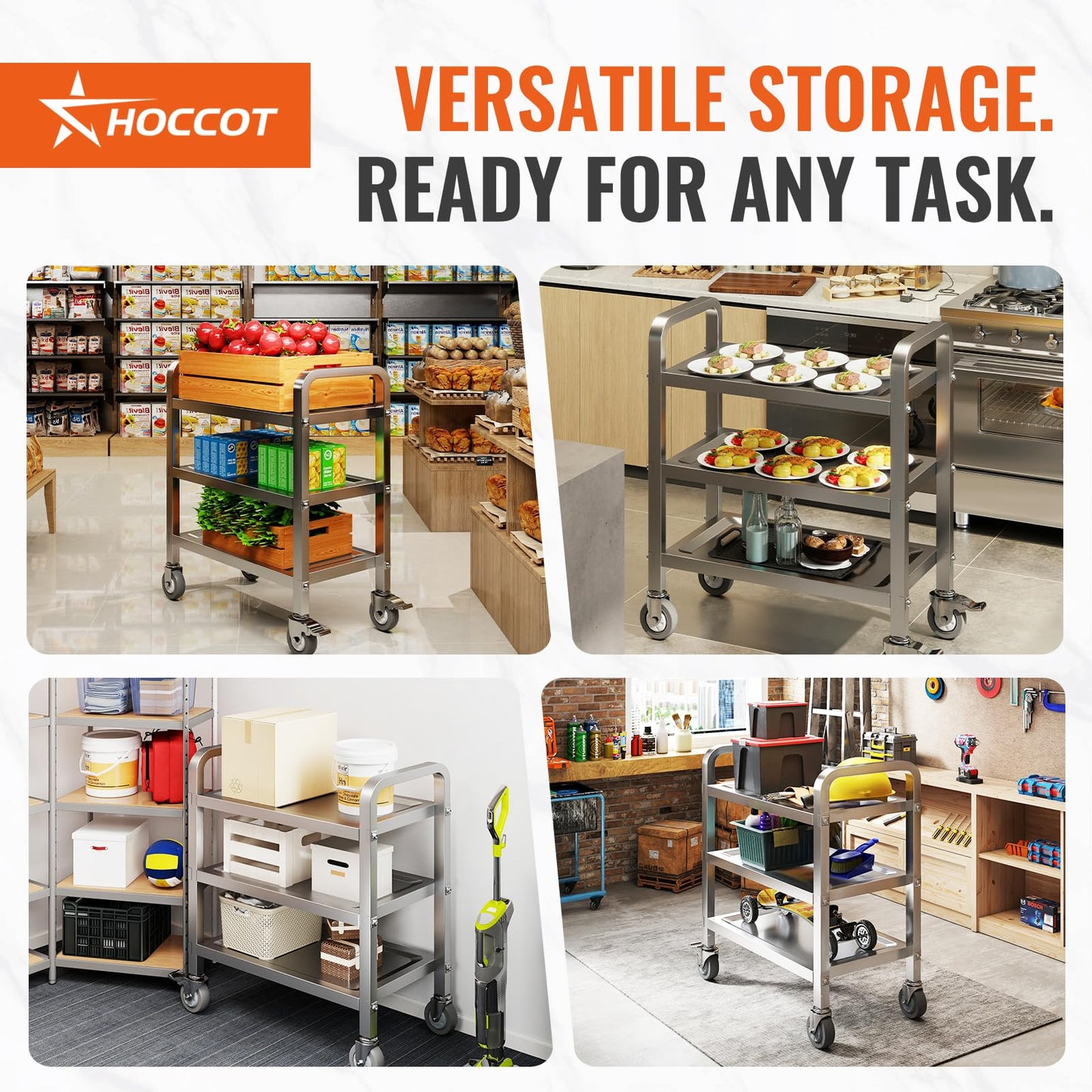 HOCCOT All Stainless Steel Cart, 3 Tier Utility Cart with Brake Wheels, Storage Trolley Heavy Duty Rolling Cart with Strong Load Bearing Easy Assembly for Home Kitchen Restaurant Hotel Lab