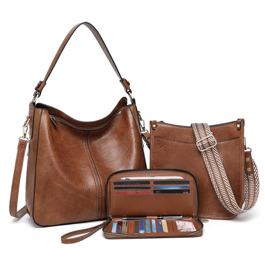 Purses for Women 3PCS, Crossbody Bags Set Large Leather Purse Shoulder Handbags with Wallet Adjustable Straps for Ladies Tote