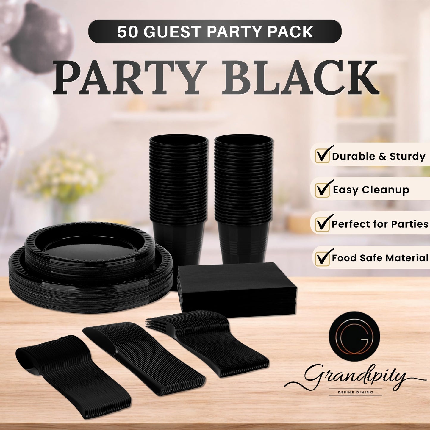Grandipity 350 Piece Black Dinnerware Set, 50 Guests Plastic Party Plates, Cups, Napkins, Forks, Knives & Spoons