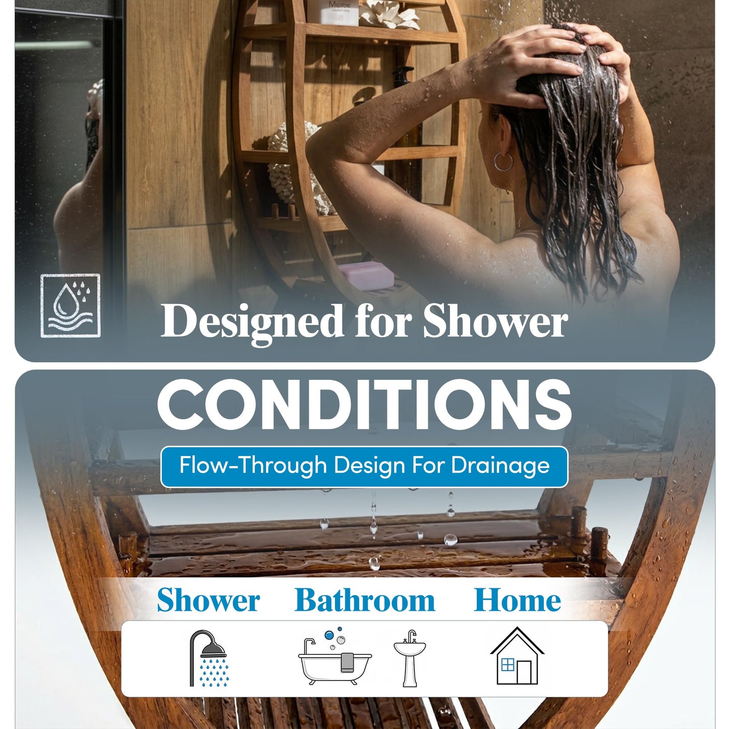AquaTeak Patented Moa Oval Teak Shower Organizer - Hanging Shower Caddy with Wood Shelves, Hooks & Soap Holder - Durable, Water-Resistant Bathroom Storage with Space-Saving Design