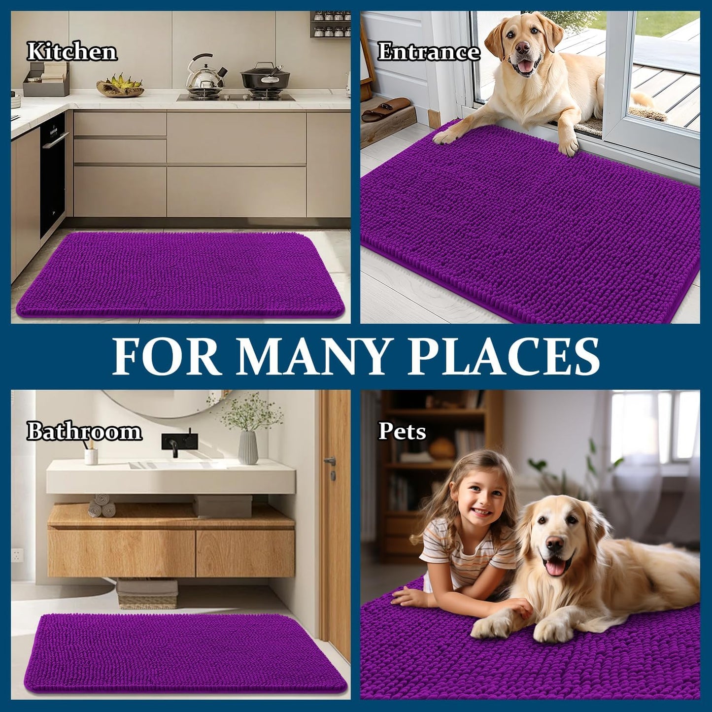 OLANLY Dog Door Mat - Absorbent Non-Slip Chenille Mat for Muddy Paws | 40x32 Inches, Purple