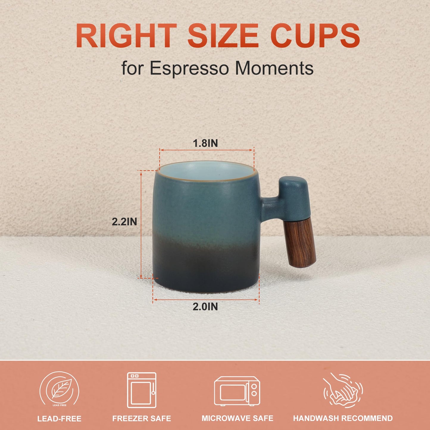RENEWREVITAL 2.5oz Ceramic Espresso Cups with Wooden Handle, Porcelain Espresso Shot Cups Set of 2, Demitasse Cups for Coffee or Tea, Black, Blue