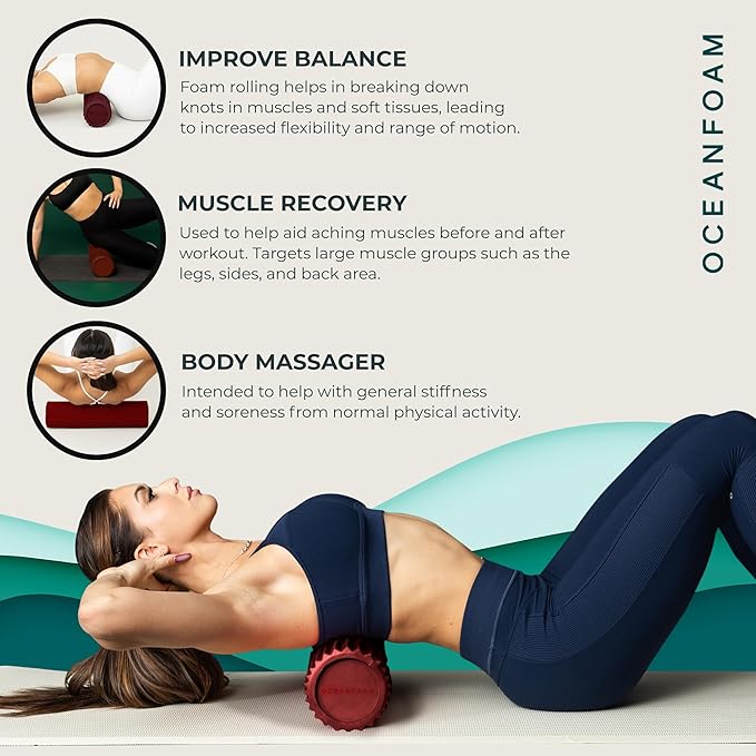 Oceanfoam Tidal Roller - Maroon - Muscle Massage Foam Roller for Back Pain & Stretching - Firm and Ergonomic Wide Wave Textured - Yoga, Athletics, & Wellness - Full Size, 20" x 5"