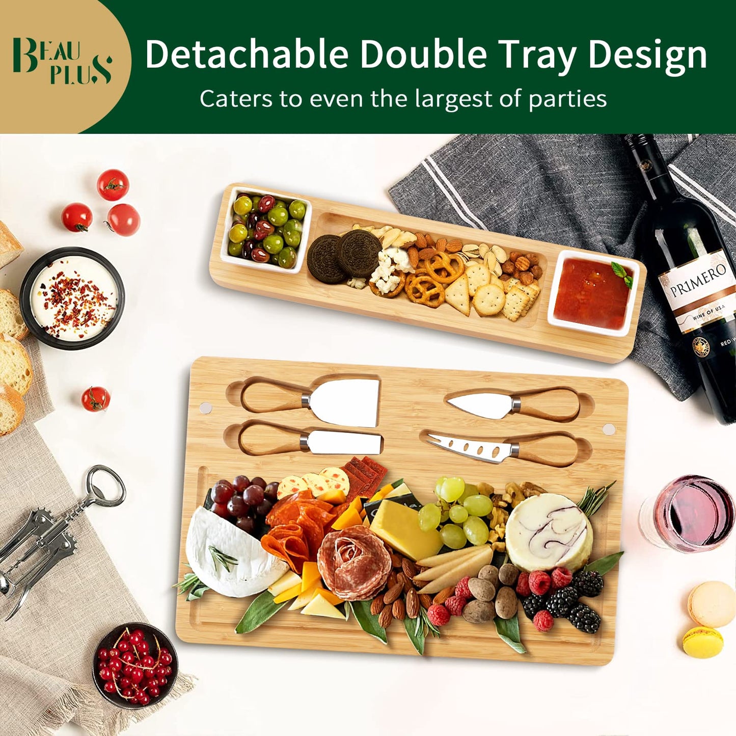 Charcuterie Boards Set, Cheese Board and Knife Set with 2 Ceramic Bowls, Bamboo Cheese Tray Serving Board - Unique, Wedding, Housewarming, Birthday Gifts