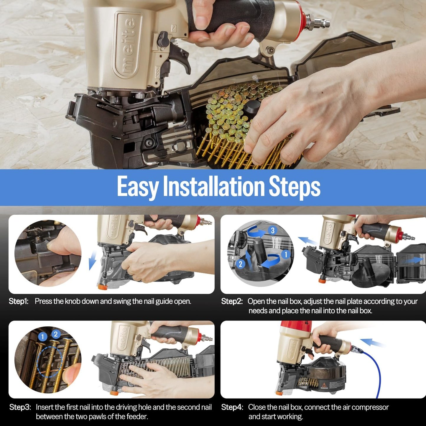 meite CN65S Coil Siding Nailer with 15 Degree Siding Nails 3" x .120" - Pneumatic Nail Gun with 360° Exhaust & Safety Lock for Roofing Fencing Decking