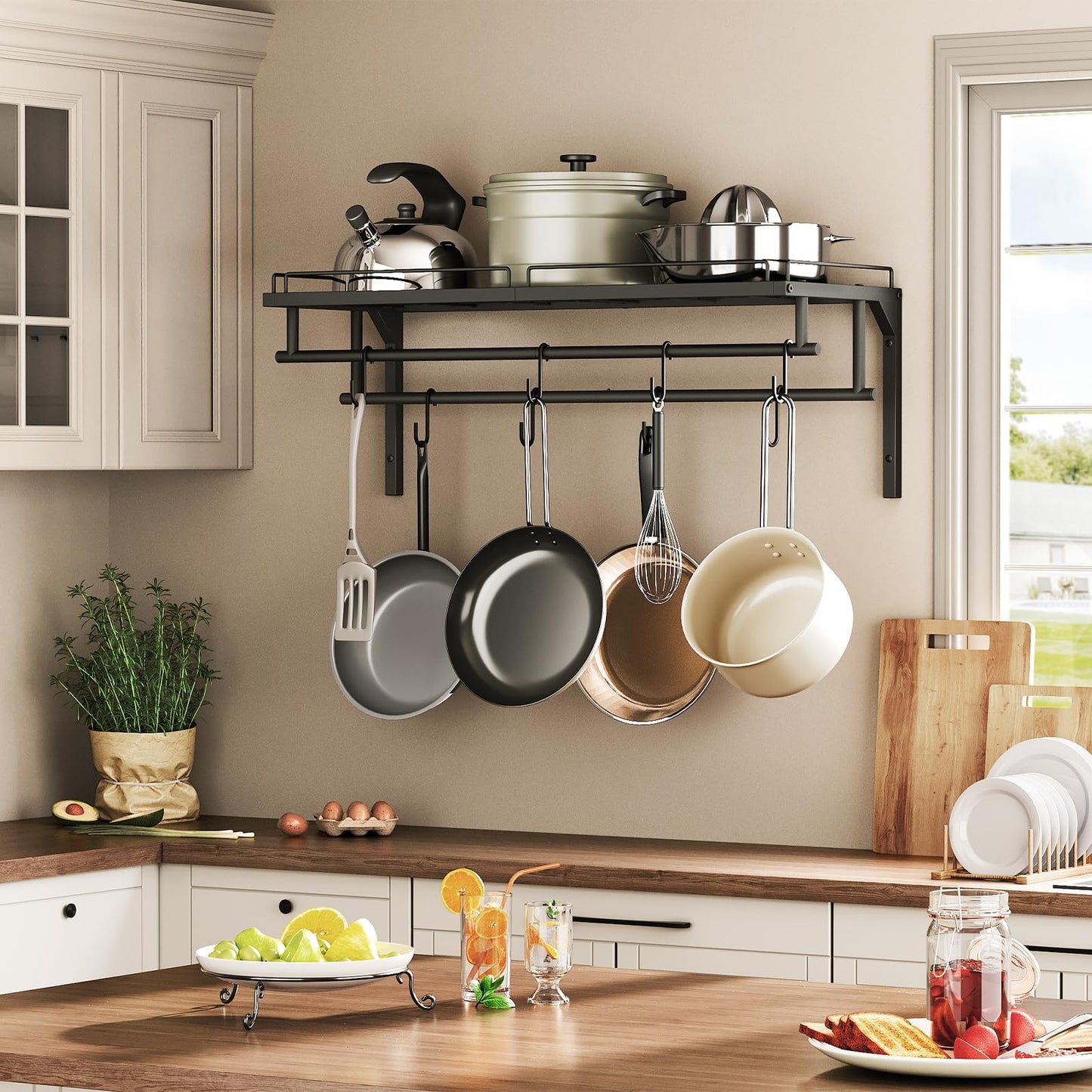 CHOEZON Hanging Pot Rack, Wall-Mounted Pot Rack, Kitchen Cookware Organizer, Metal Pot and pan Organizer Holder, for Cookware, Utensils Organization, Black TPR38BB