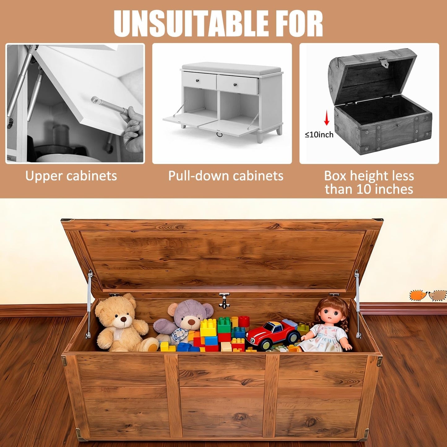 Otoolling 4 Pack 15 Inch Soft Close Toy Box Hinges for Heavy Curved, Round, Arched and Flat Lids, 100n Gas Strut Spring Safety Hinges to Slow Down and Slow Close, Also Works for Toy Box Chest, Toolbox