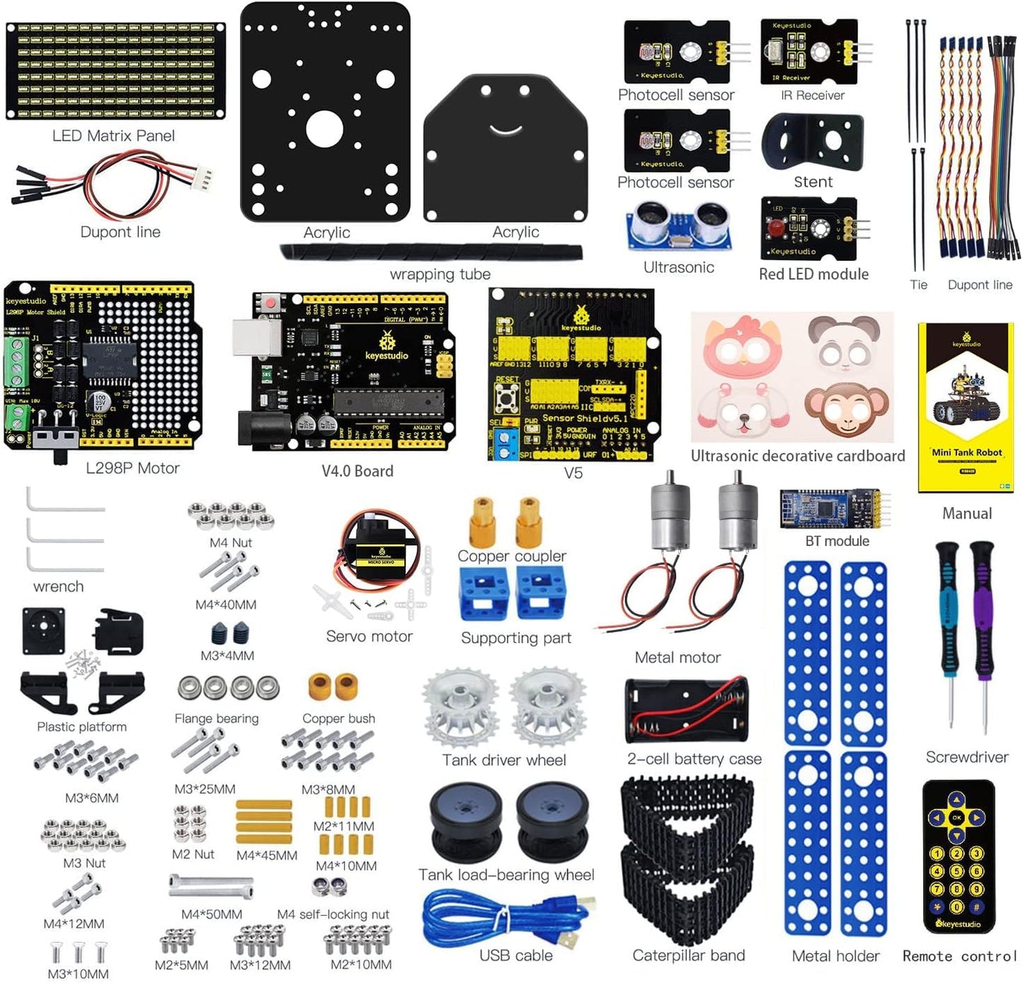 KEYESTUDIO Mini Tank Kit V2 Smart Car for Arduino, IR Infrared and App Remote Control (iOS and Android), Light and Ultrasonic Follow, 8X16 LED Panel, Ultrasonic Obstacle Avoidance,15+