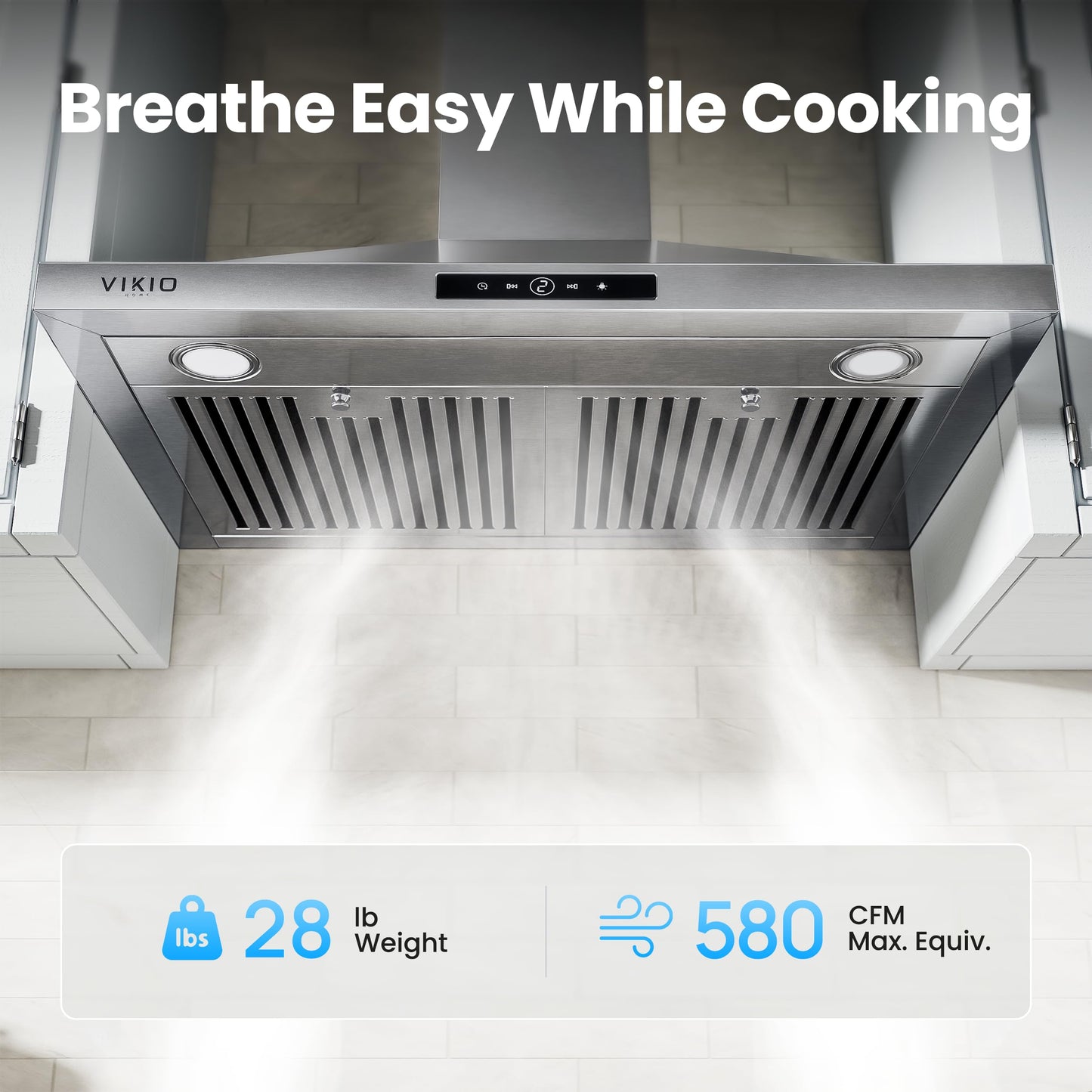 VIKIO HOME Wall Mount Range Hood 30 inch, 580 CFM, Ducted/Ductless Convertible, Stainless Steel Kitchen Vent Hood with 3-Speed Fan and LED Lights