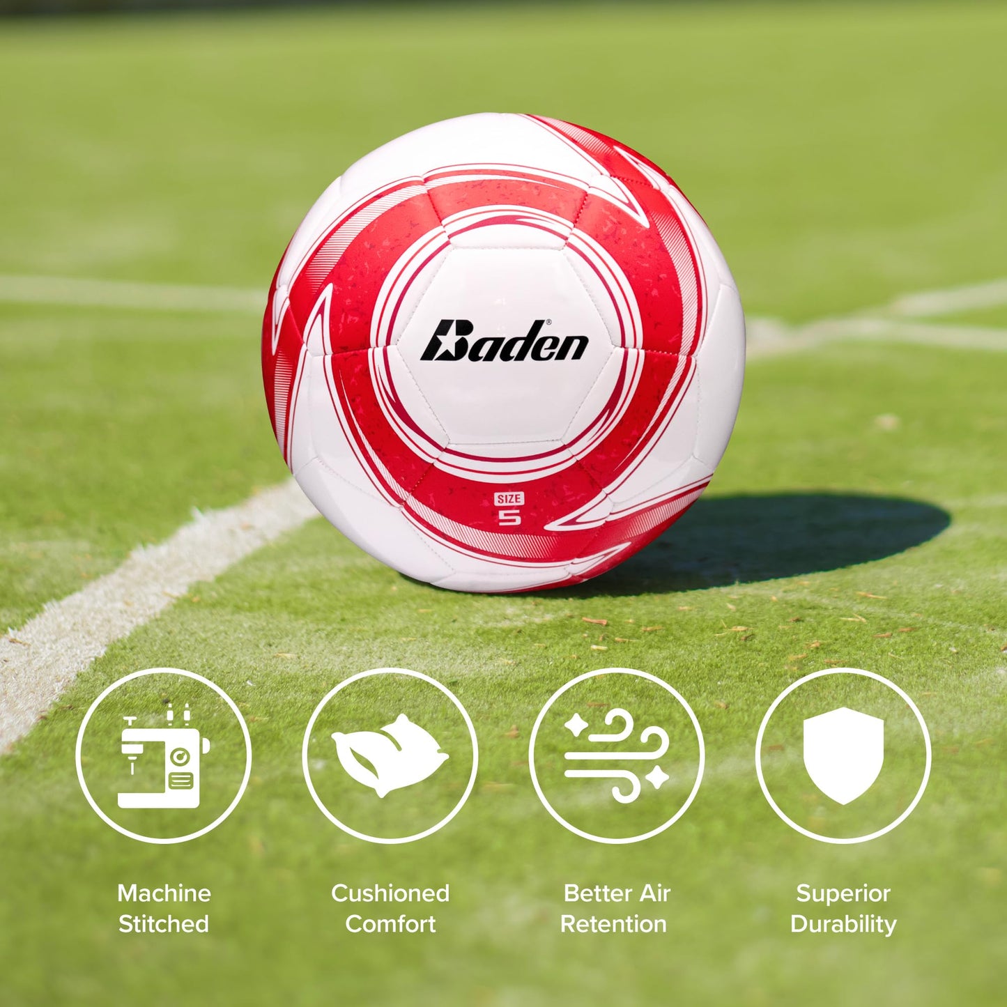 Baden Z-Series Soccer Ball – Size 3, 4, or 5 – Machine Stitched Durable Ball for Outdoor Play, Camps, Practice & Training – Cushioned Cover with Reinforced Bladder (Red, Size 5)