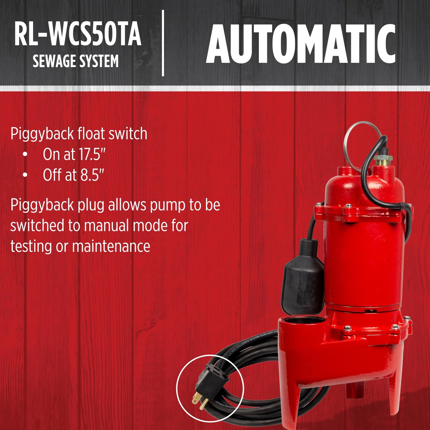 Red Lion RL-WCS50TA 115 Volt, 1/2 HP, 5600 GPH Automatic Sewage System with Cast Iron Pump and 18-inch x 30-inch Basin, Red/Black, 14942749