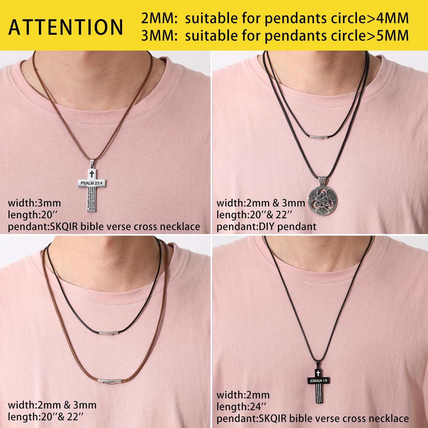 SKQIR 3mm Black Waterproof Braided Leather Cord Necklace with Durable Stainless Steel Snap Clasp Men Women Woven Wax String Rope Chain for DIY Pendant Length 24"