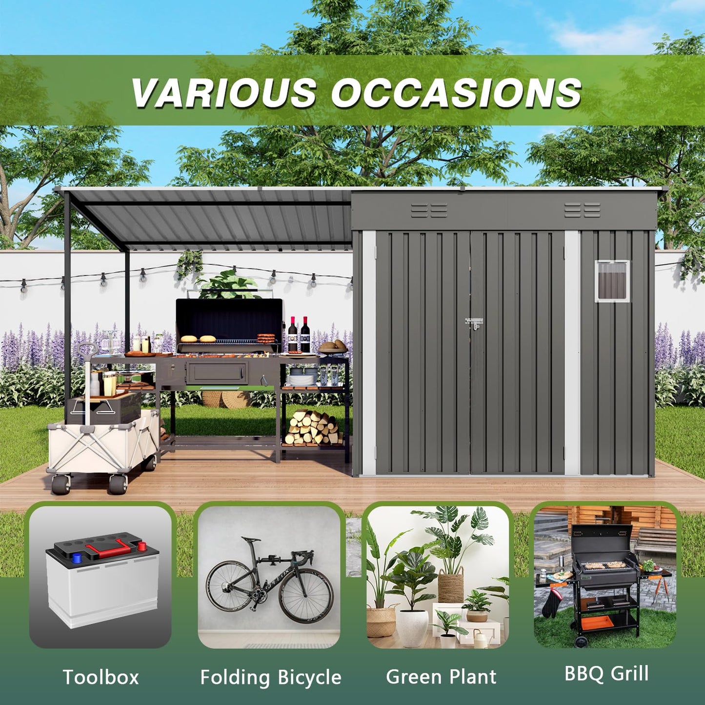 6x4 FT Outdoor Storage Shed & Gazebo Combo, Lean to Metal Tool Shed with Open Pergola for Backyard, Patio, Lawn (Gray)