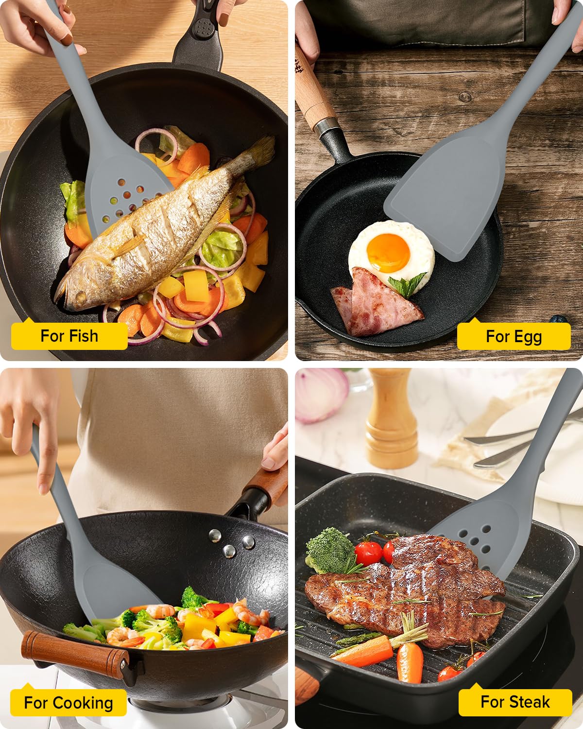 Pack of 2 Silicone Spatula Turner, Non Stick Kitchen Spatulas Set with Back Hooks, Heat Resistant BPA Free Kitchen Utensils, Suitable for Flipping Fish, Eggs, Steak, Pancakes(GRAY)
