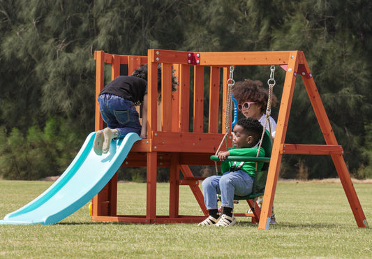 Dolphin Playground 5-in-1 Toddler Swing Sets with Slide for Backyard, Toddler Outdoor Playset with Baby Swing, Table, Blackboard, Kid Slide, Rock Climbing Wall, Ages 18 mo to 4 yrs