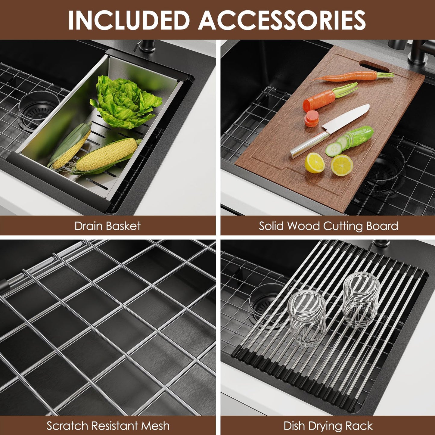 BURCHAIN 33x22 Inch Kitchen Sink Black Drop In Stainless Steel Kitchen Sinks 16 Gauge Single Bowl Workstation Luxury Top Mount Sink with 6 Accessories Include Glass Rinser (Black)