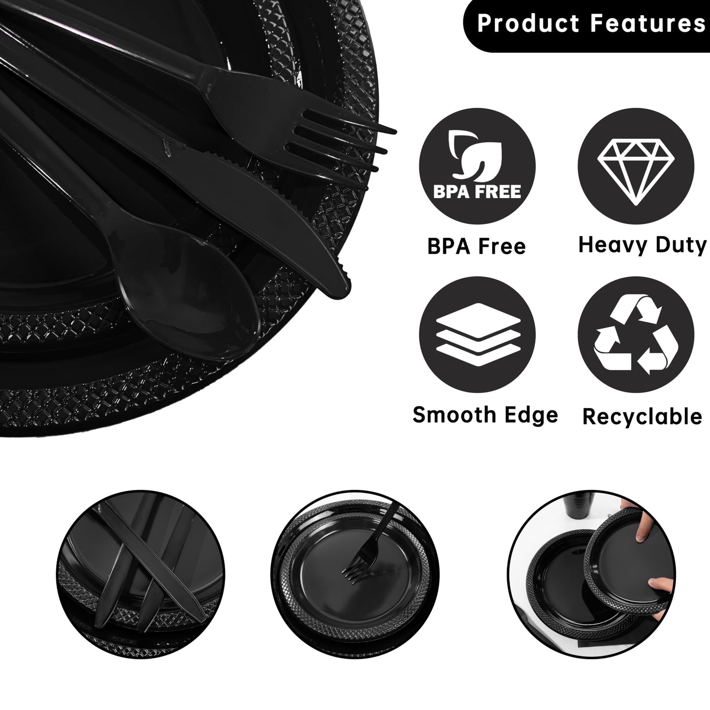 MirthMood 350PCS Black Disposable Plates,Black Plates,Plastic Party Supplies, Includes 50 Dinner Plates, 50 Salad Plates, 50 Silverware, 50 Napkins and 50 12OZ Cups for Wedding & Birthday & Party