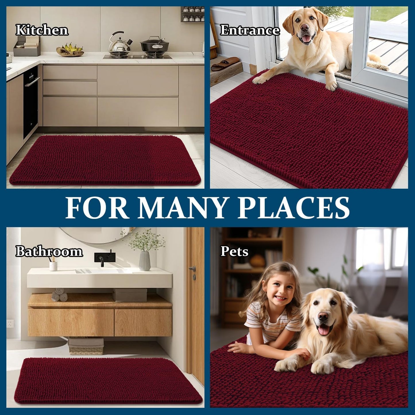 OLANLY Dog Door Mat - Absorbent Non-Slip Mud Mat for Dogs | Quick Dry Chenille, 36x24, Burgundy
