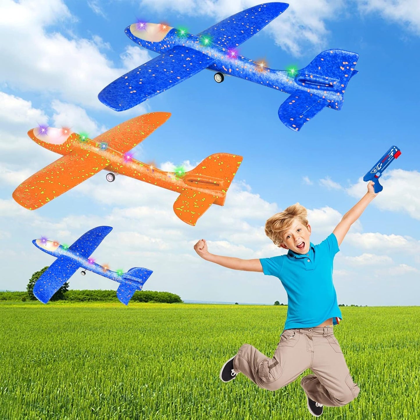 BAREEK 3 Pack Airplane Launcher Toy Kids, Led Foam Glider Fighters Outdoor Toys, 3 Flight Mode Foam Flying Toy 4 5 6 7 8 9-13 Year Old Boys Girls Birthday Gifts