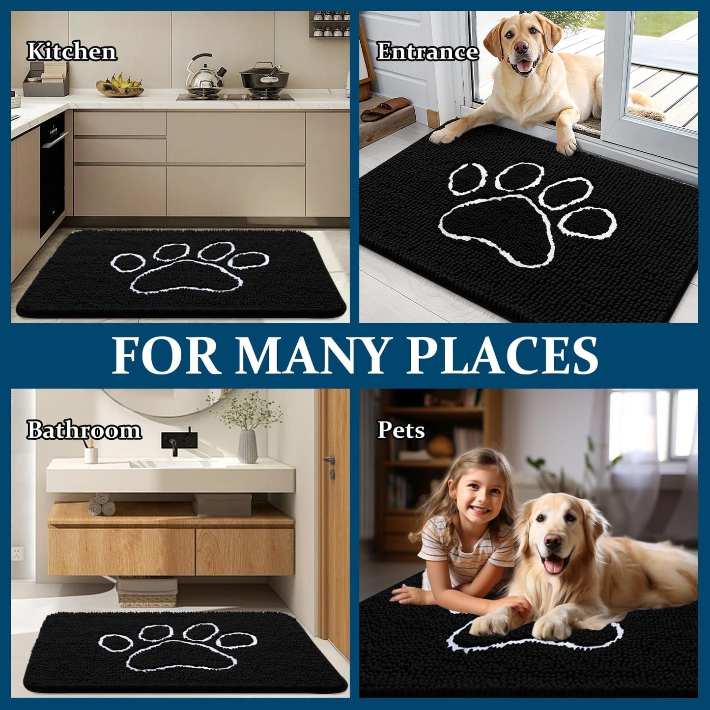 OLANLY Dog Door Mat - Absorbent Non-Slip Mud Mat for Paws | 54x32 Black Chenille Design
