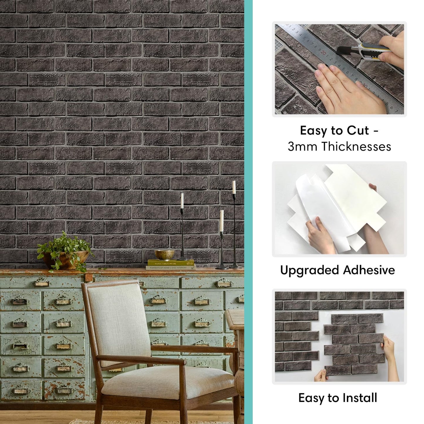 Commomy 3D Faux Brick Wallpaper Wall Tiles - 10 pcs 11.8" x 11.8" Small Size PVC Printable Brick Wall Panels Retro Brick Peel and Stick Backsplash for Kitchen, Bedroom, Living Room, RV