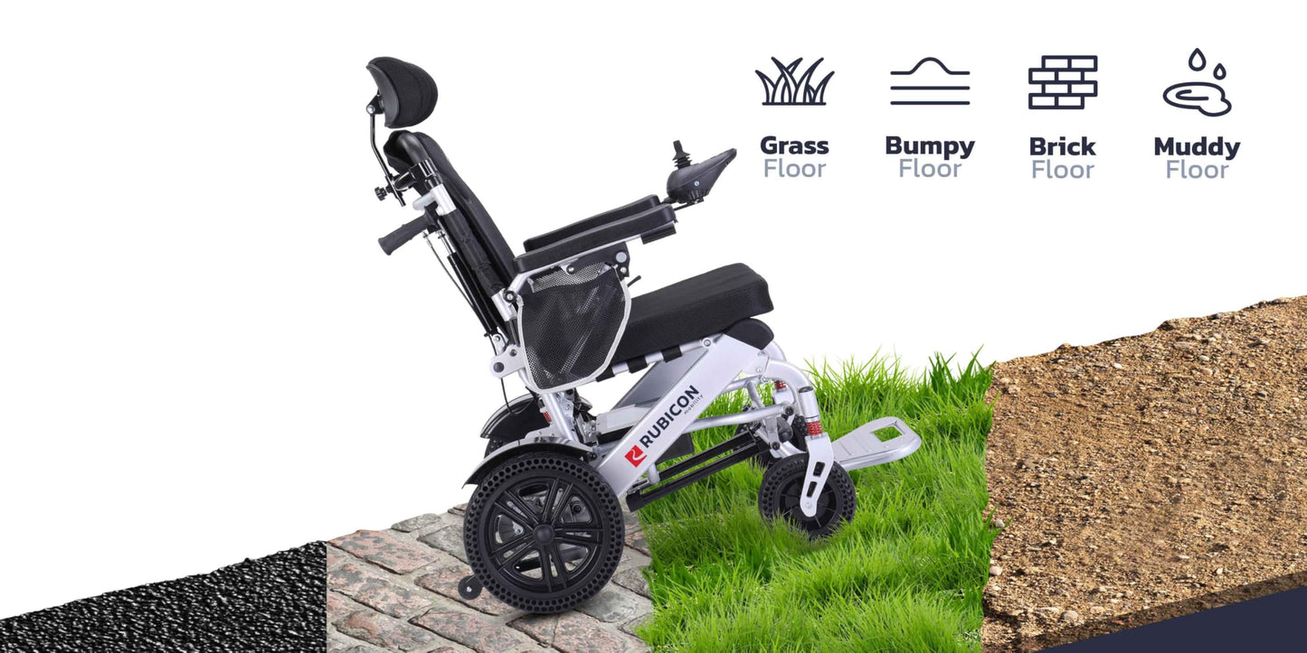 Rubicon DX11 - Reclining Foldable Electric Wheelchairs for Adults - Longest Range 25 Miles of Freedom: Airline Approved Deluxe Electric Wheelchair with Dual 12AH Lithium Batteries, 600W Motor (Model7)